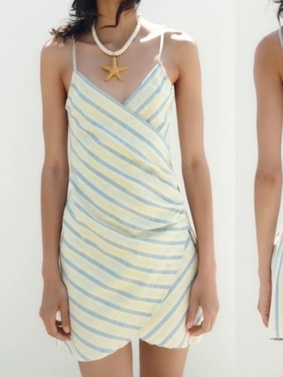 Zara Dresses & Skirts - Zara Yellow & Blue Striped Wrap Mini Dress